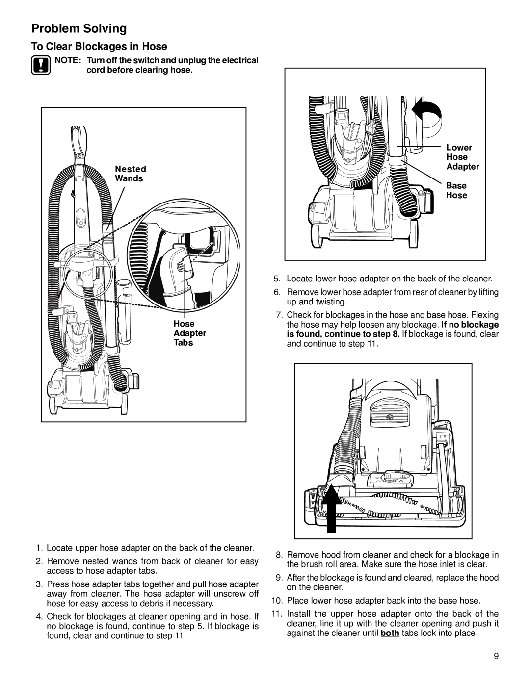 Eureka 5740-5799 Series warranty Problem Solving, To Clear Blockages in Hose 