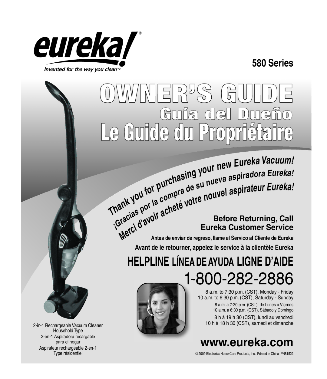 Eureka 580 manual OWNER’S Guide 