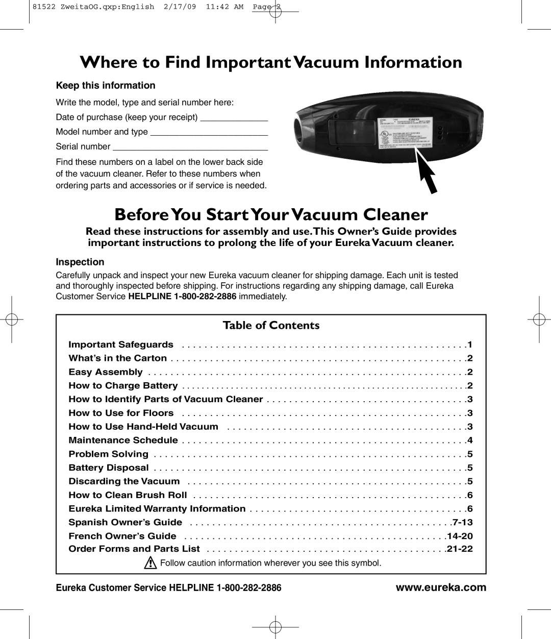 Eureka 580 manual Where to Find Important Vacuum Information, BeforeYou Start YourVacuum Cleaner, Table of Contents 