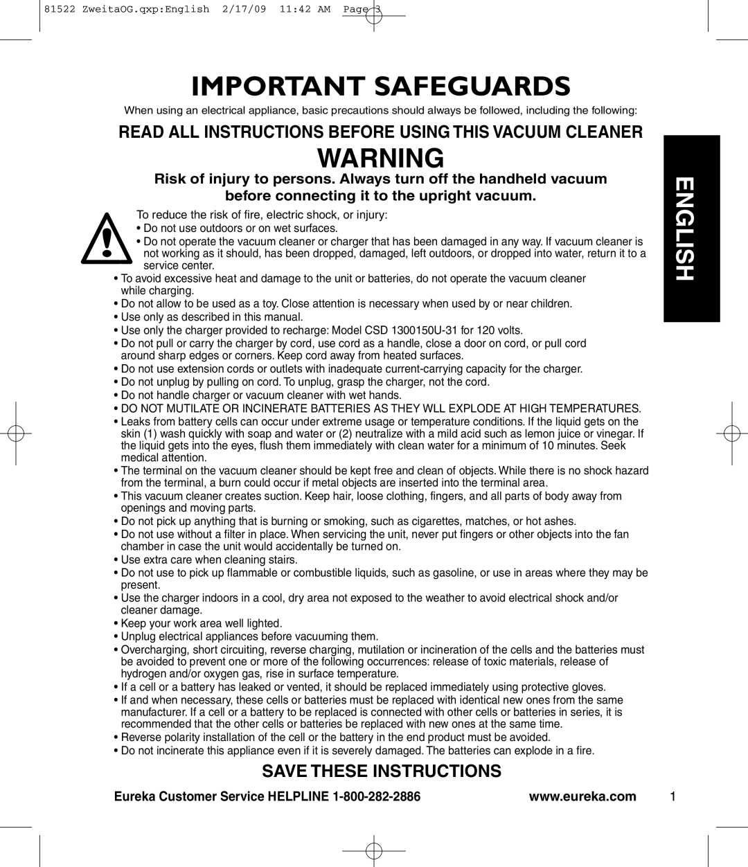 Eureka 580 manual Important Safeguards 