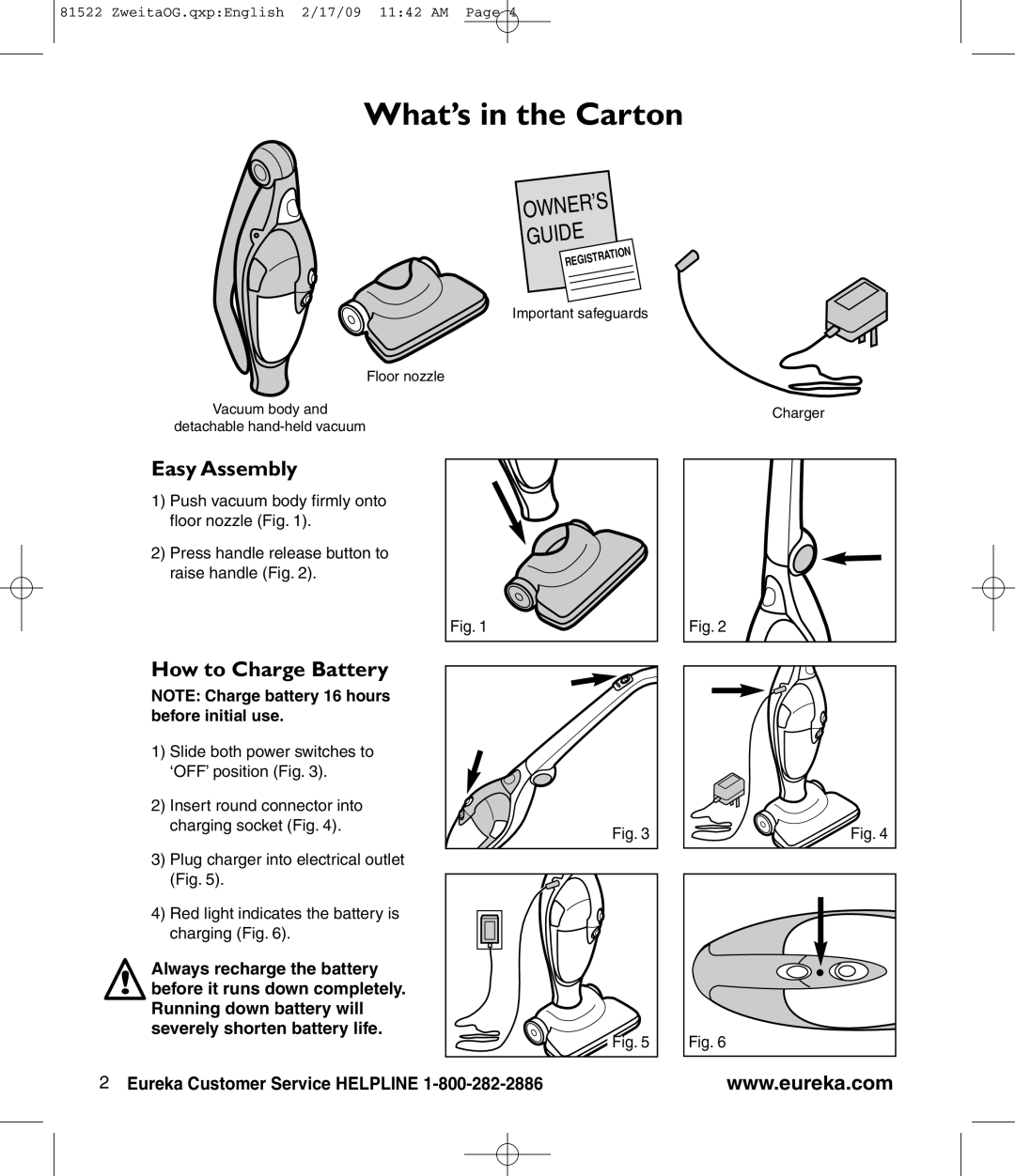 Eureka 580 manual What’s in the Carton, Easy Assembly, How to Charge Battery 