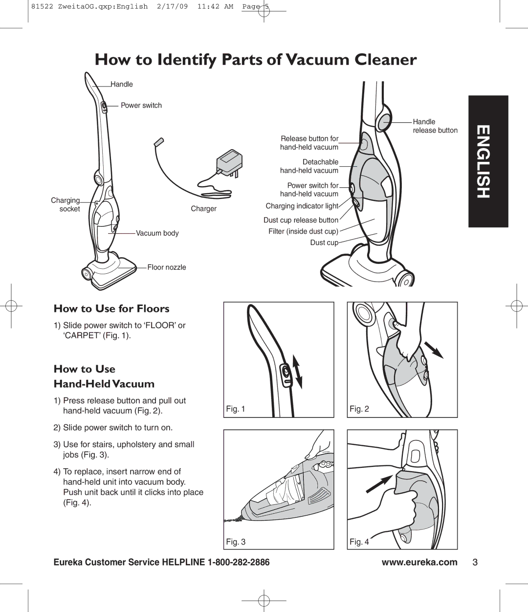 Eureka 580 manual How to Identify Parts of Vacuum Cleaner, How to Use for Floors, How to Use Hand-Held Vacuum 