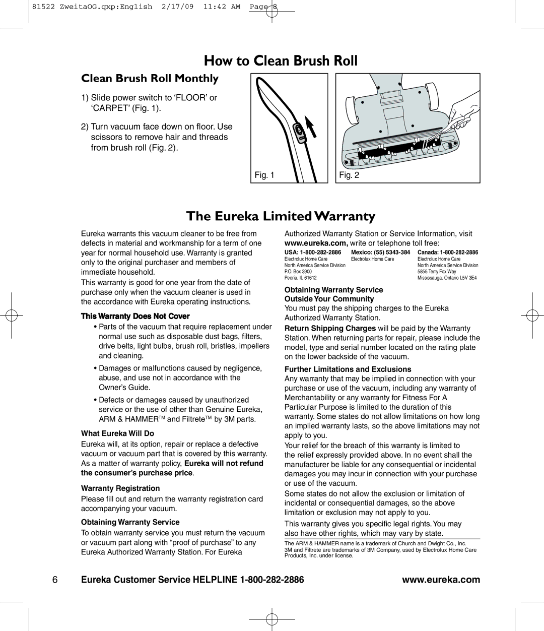 Eureka 580 manual How to Clean Brush Roll, Clean Brush Roll Monthly 