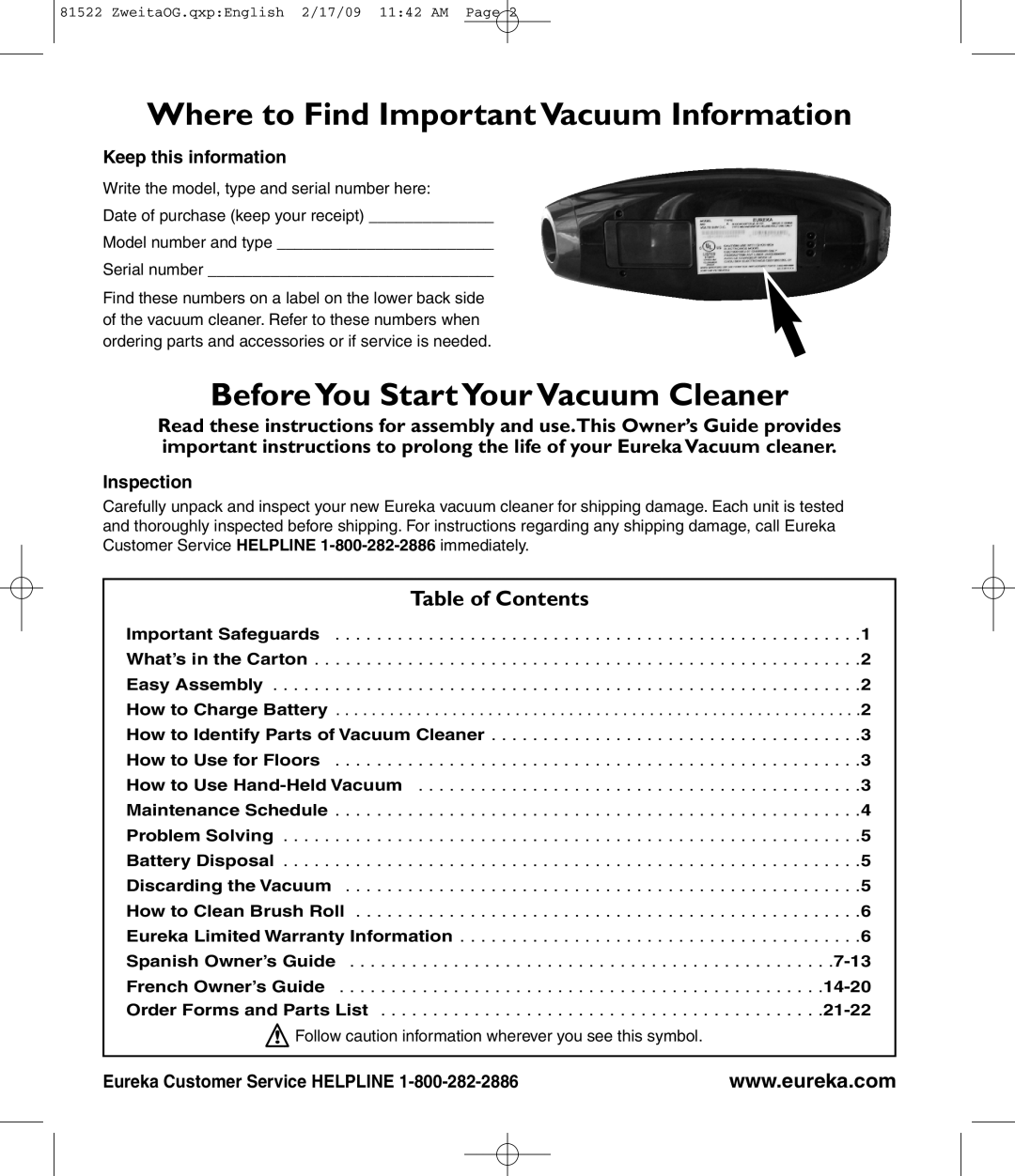 Eureka 580 Where to Find Important Vacuum Information, BeforeYou Start YourVacuum Cleaner, Table of Contents, Inspection 