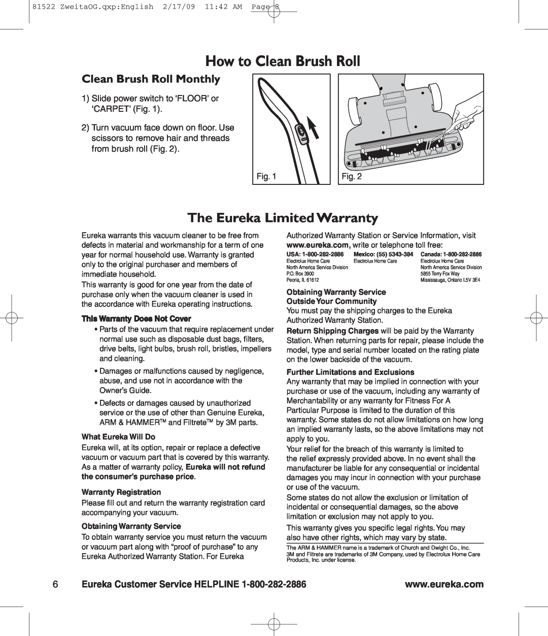 Eureka 580 How to Clean Brush Roll, Clean Brush Roll Monthly, The Eureka Limited Warranty, This Warranty Does Not Cover 