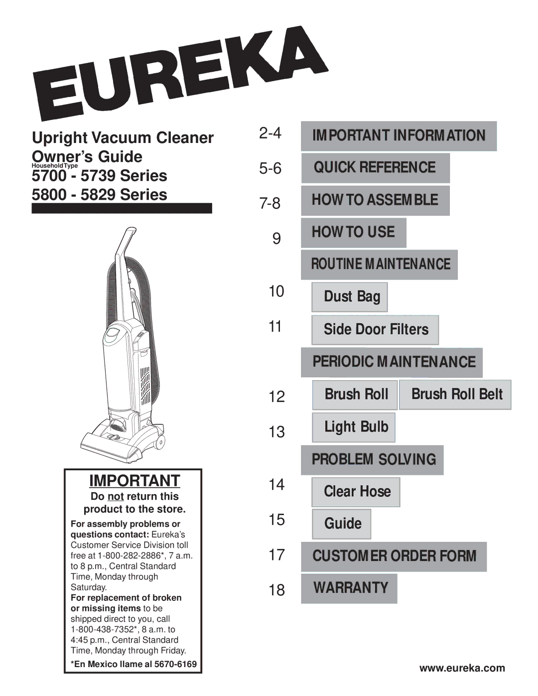 Eureka 5700, 5829, 5739, 5800 warranty Problem Solving, Customer Order Form 