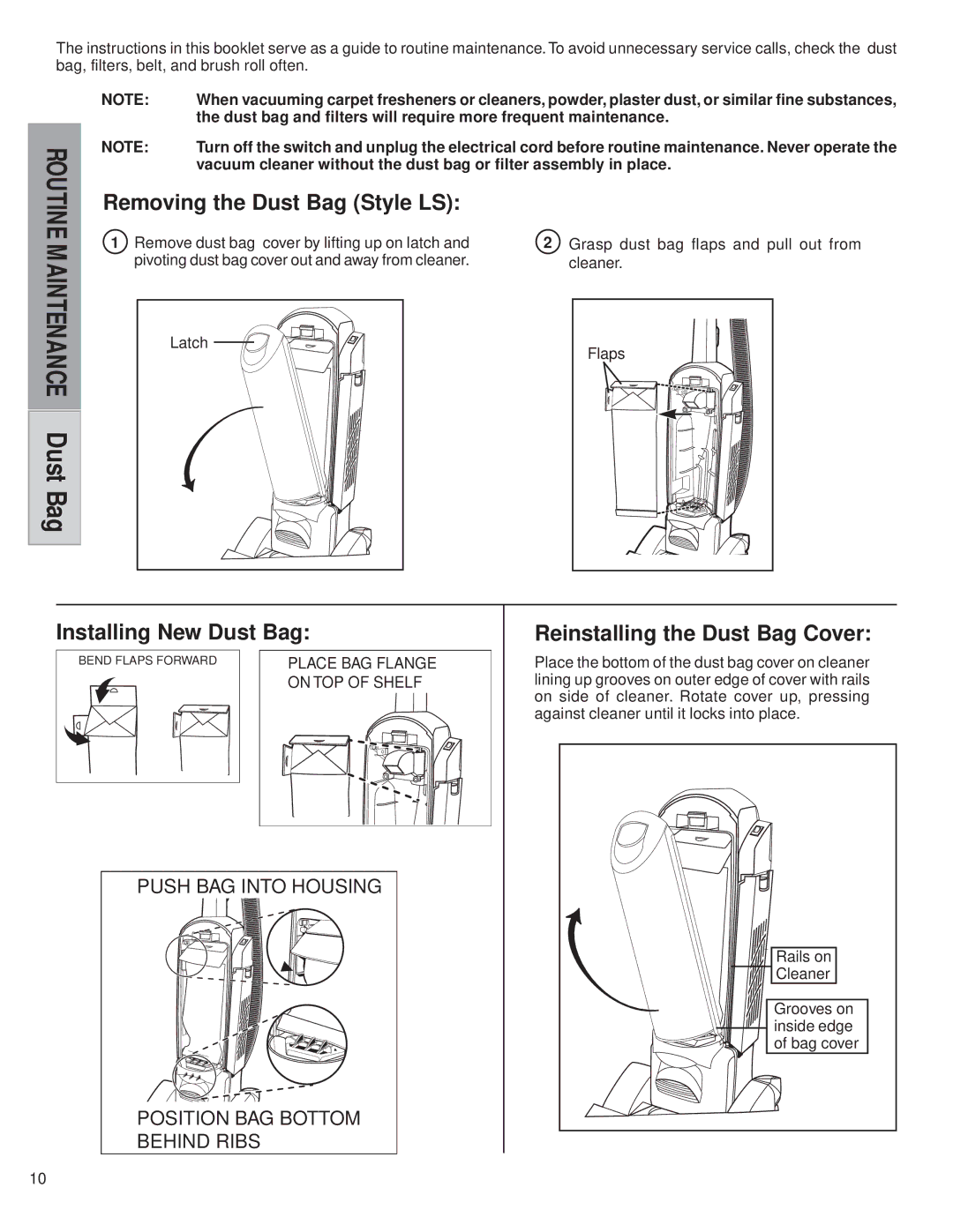 Eureka 5739, 5829, 5700 DustBag, Removing the Dust Bag Style LS, Installing New Dust Bag, Reinstalling the Dust Bag Cover 