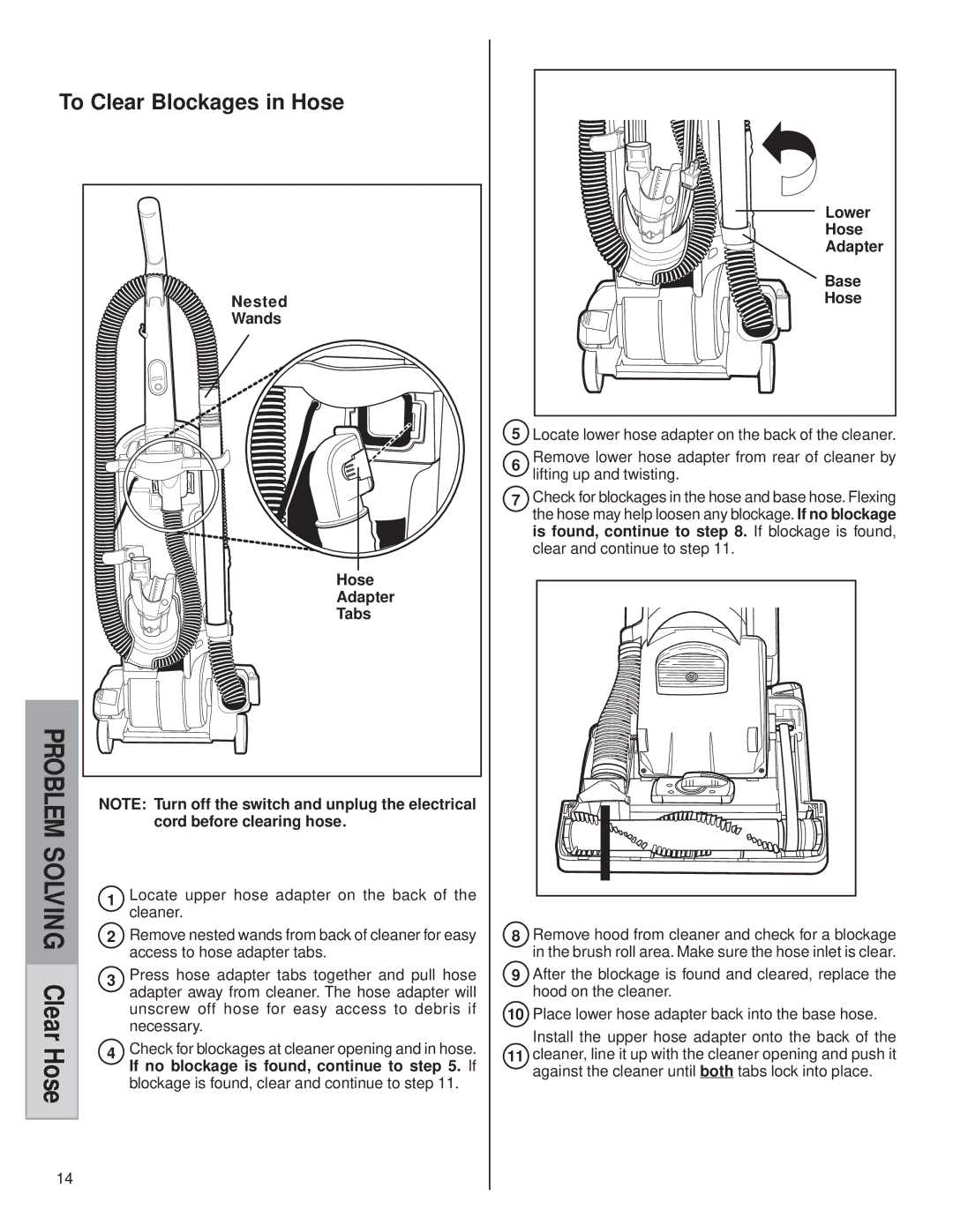 Eureka 5739, 5829, 5700, 5800 warranty Problem, To Clear Blockages in Hose 