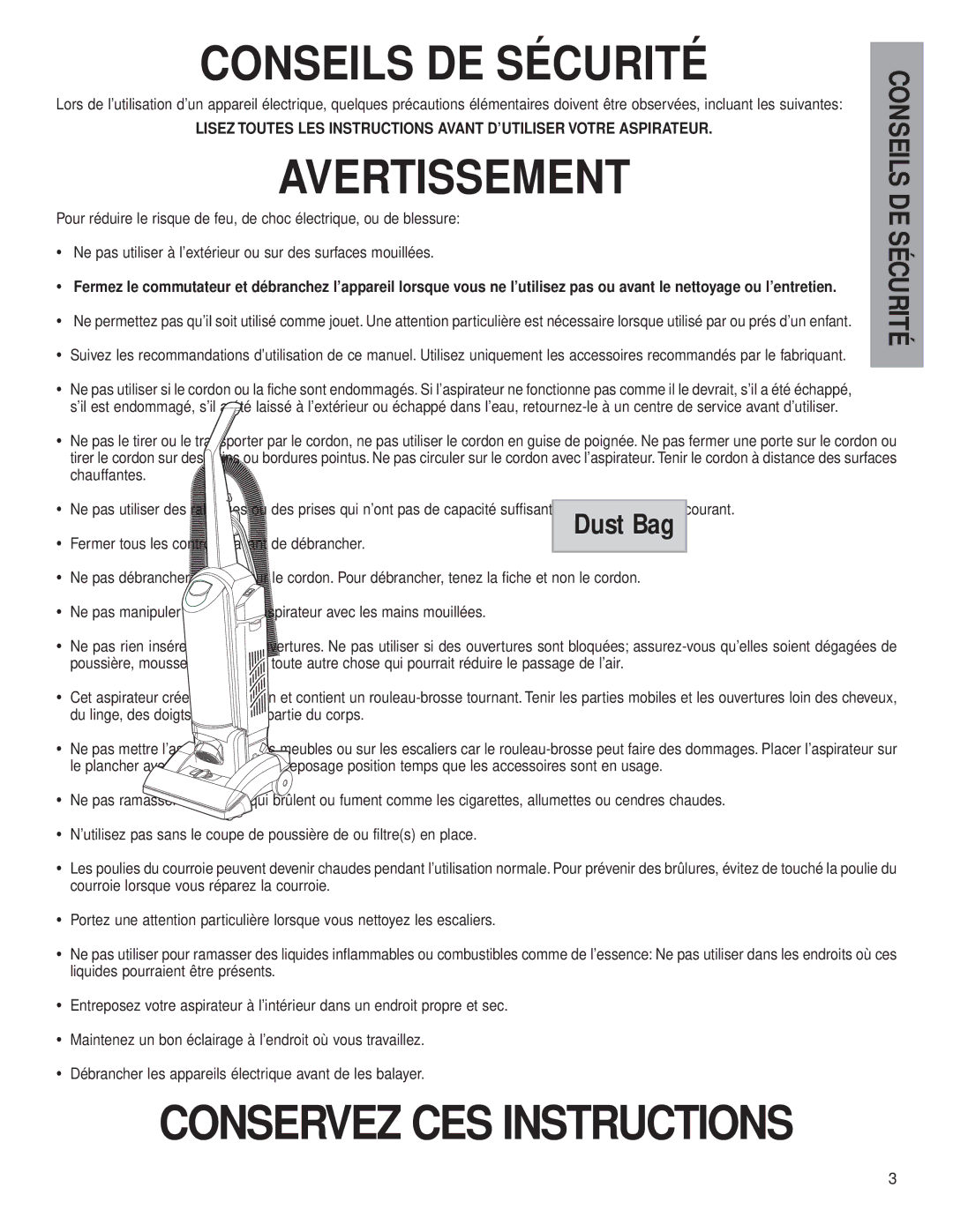 Eureka 5800, 5829, 5700, 5739 warranty Conseils DE Sécurité 