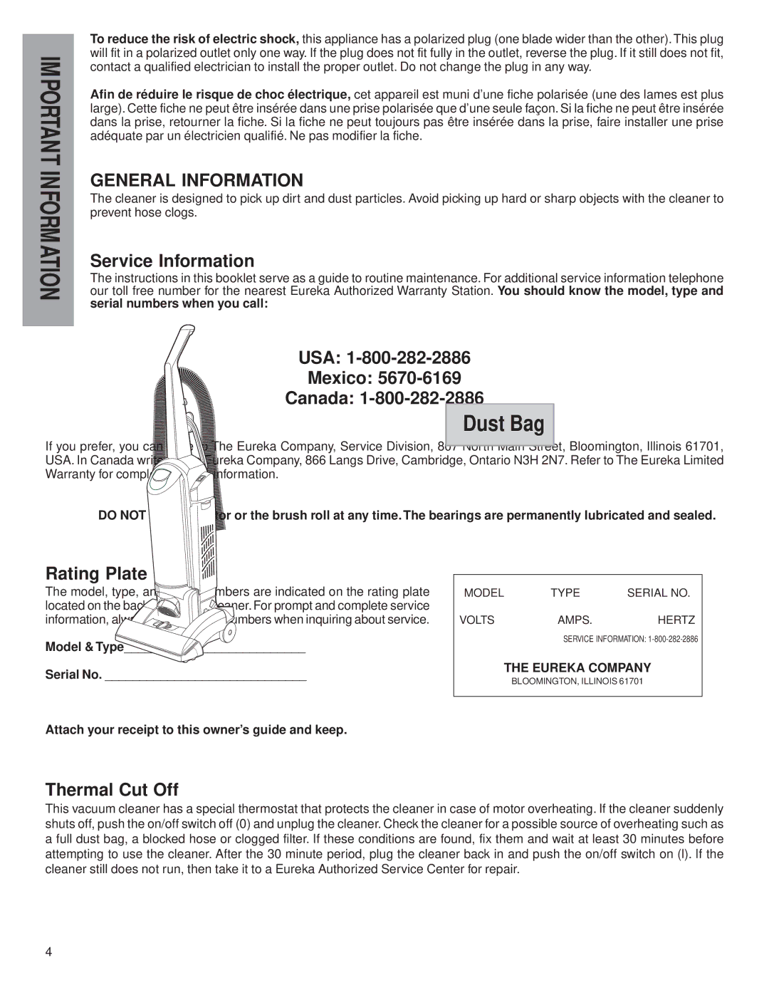 Eureka 5829, 5700, 5739, 5800 warranty Service Information, USA Mexico Canada, Rating Plate, Thermal Cut Off 