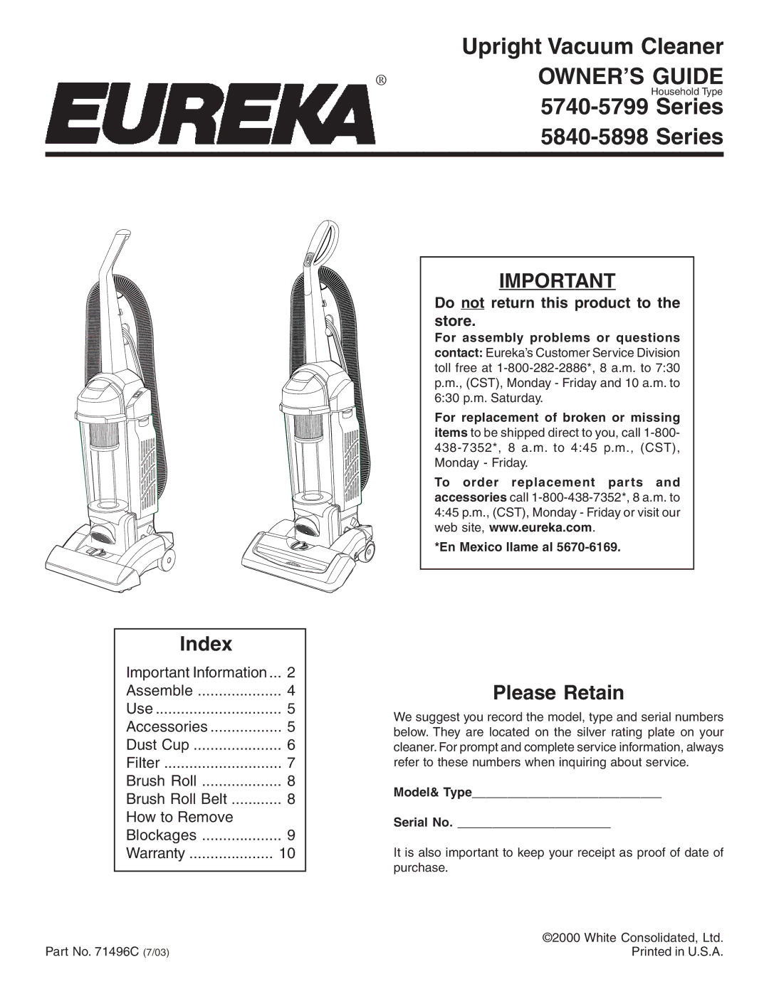 Eureka 5840-5898 Series warranty OWNER’S Guide, Do not return this product to the store 