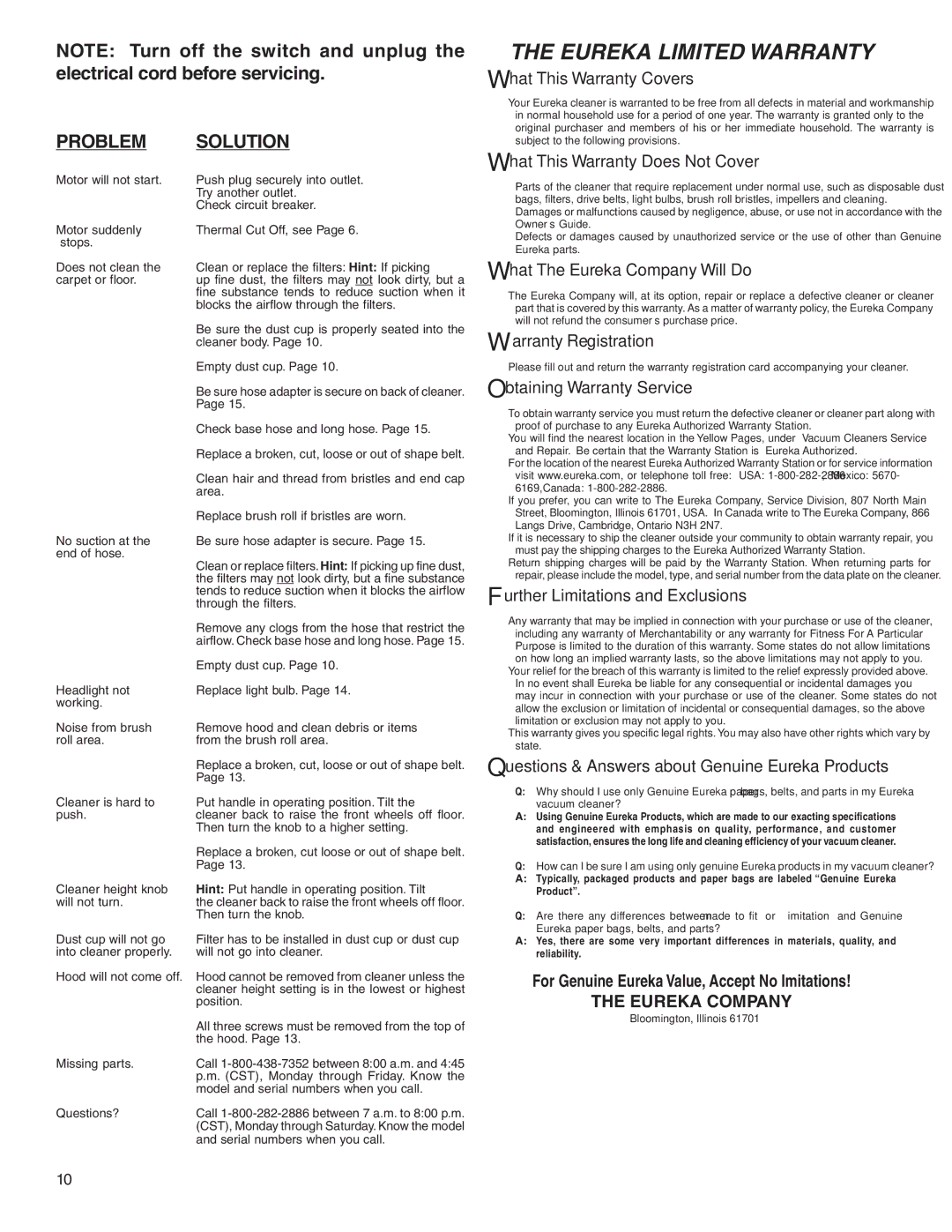 Eureka 5840-5898 Series warranty Eureka Limited Warranty 