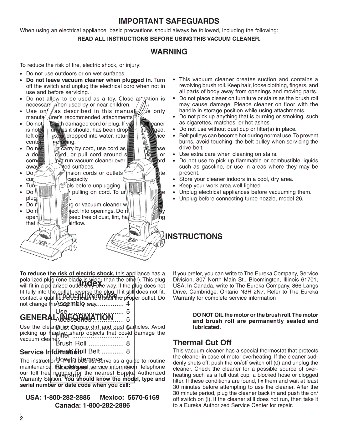 Eureka 5840-5898 Series warranty Important Safeguards, General Information, Thermal Cut Off, Service Information 