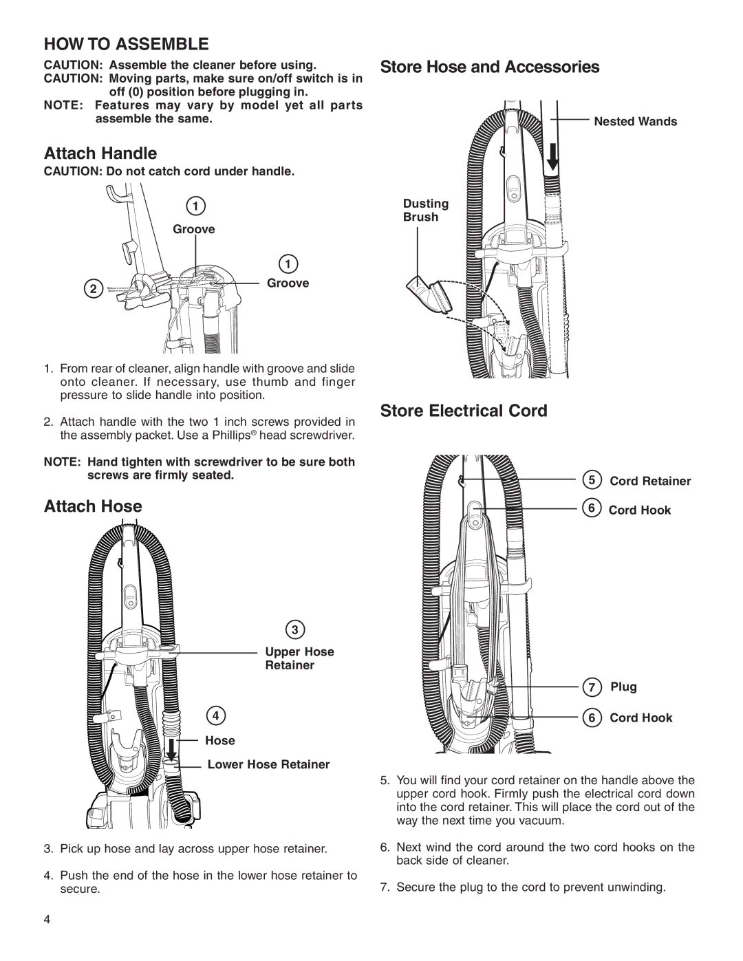 Eureka 5840-5898 Series HOW to Assemble, Attach Handle, Attach Hose, Store Hose and Accessories, Store Electrical Cord 