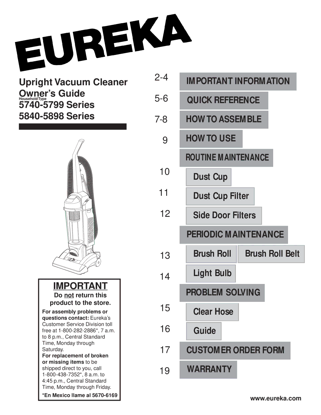 Eureka 5840, 5898 warranty HOW to Assemble, Problem Solving, Customer Order Form, Do not return this Product to the store 