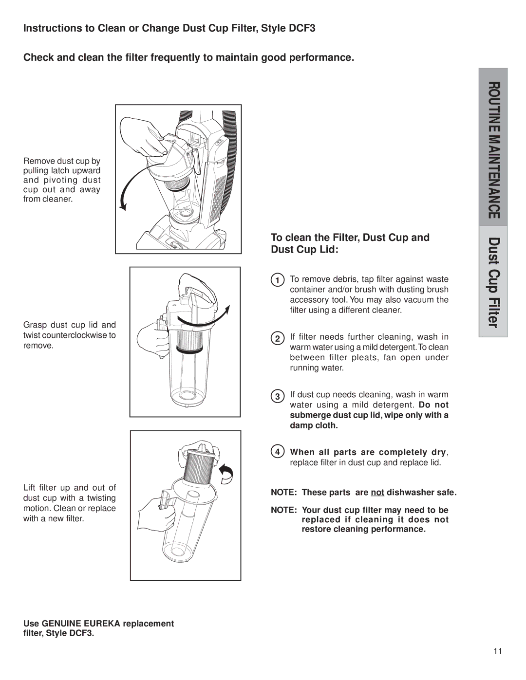 Eureka 5740-5799, 5840-5898 warranty CupDust Filter, To clean the Filter, Dust Cup and Dust Cup Lid 