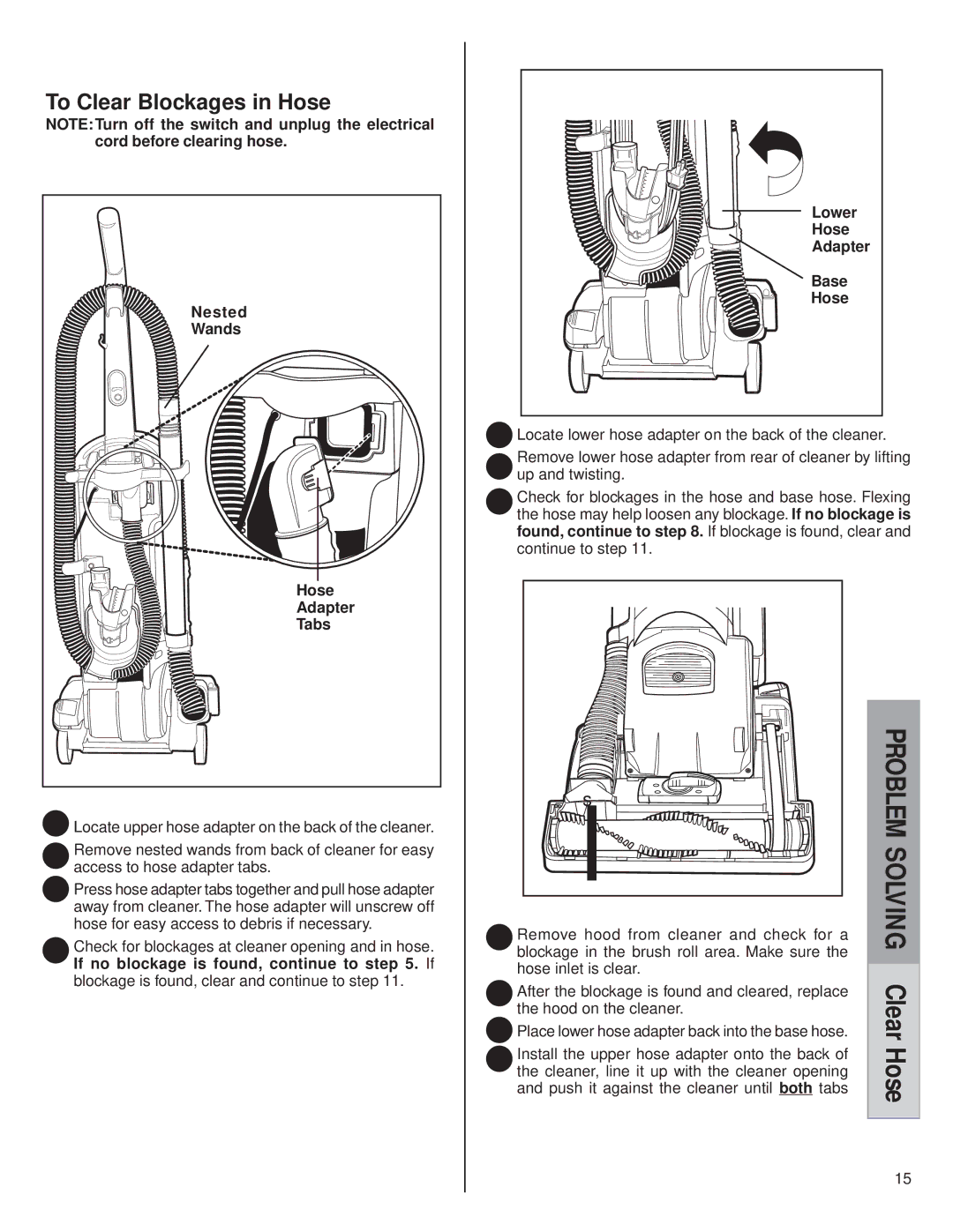 Eureka 5740-5799, 5840-5898 warranty To Clear Blockages in Hose 