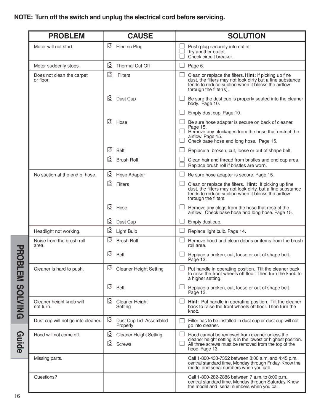 Eureka 5840-5898, 5740-5799 warranty Problem, Solving, Guide 