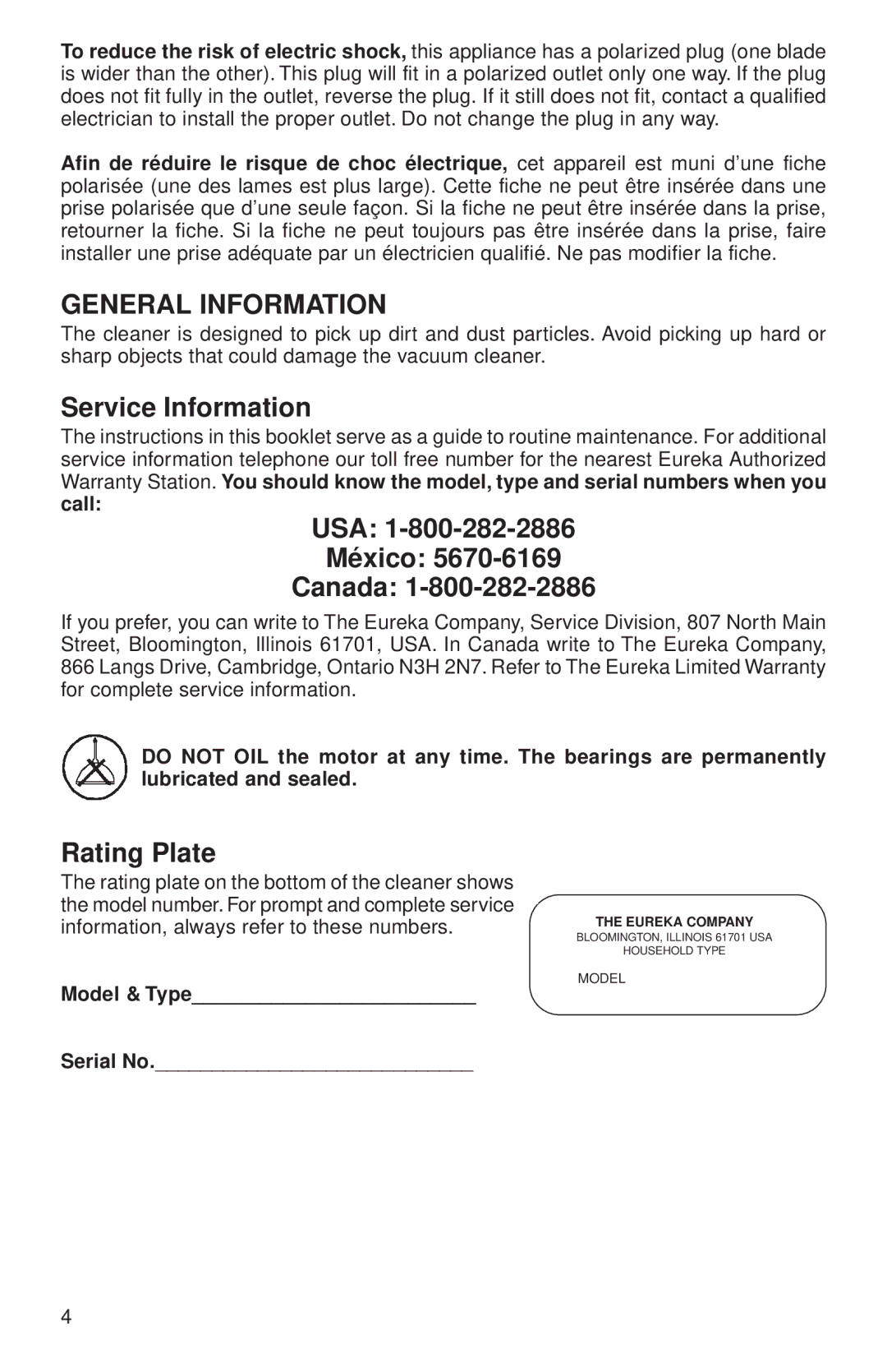 Eureka 59 warranty Service Information, USA México Canada, Rating Plate 