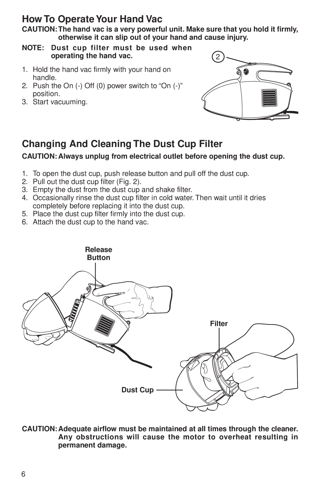 Eureka 59 warranty How To Operate Your Hand Vac, Changing And Cleaning The Dust Cup Filter 