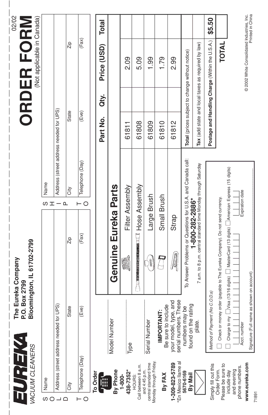 Eureka 59 warranty Orderform 