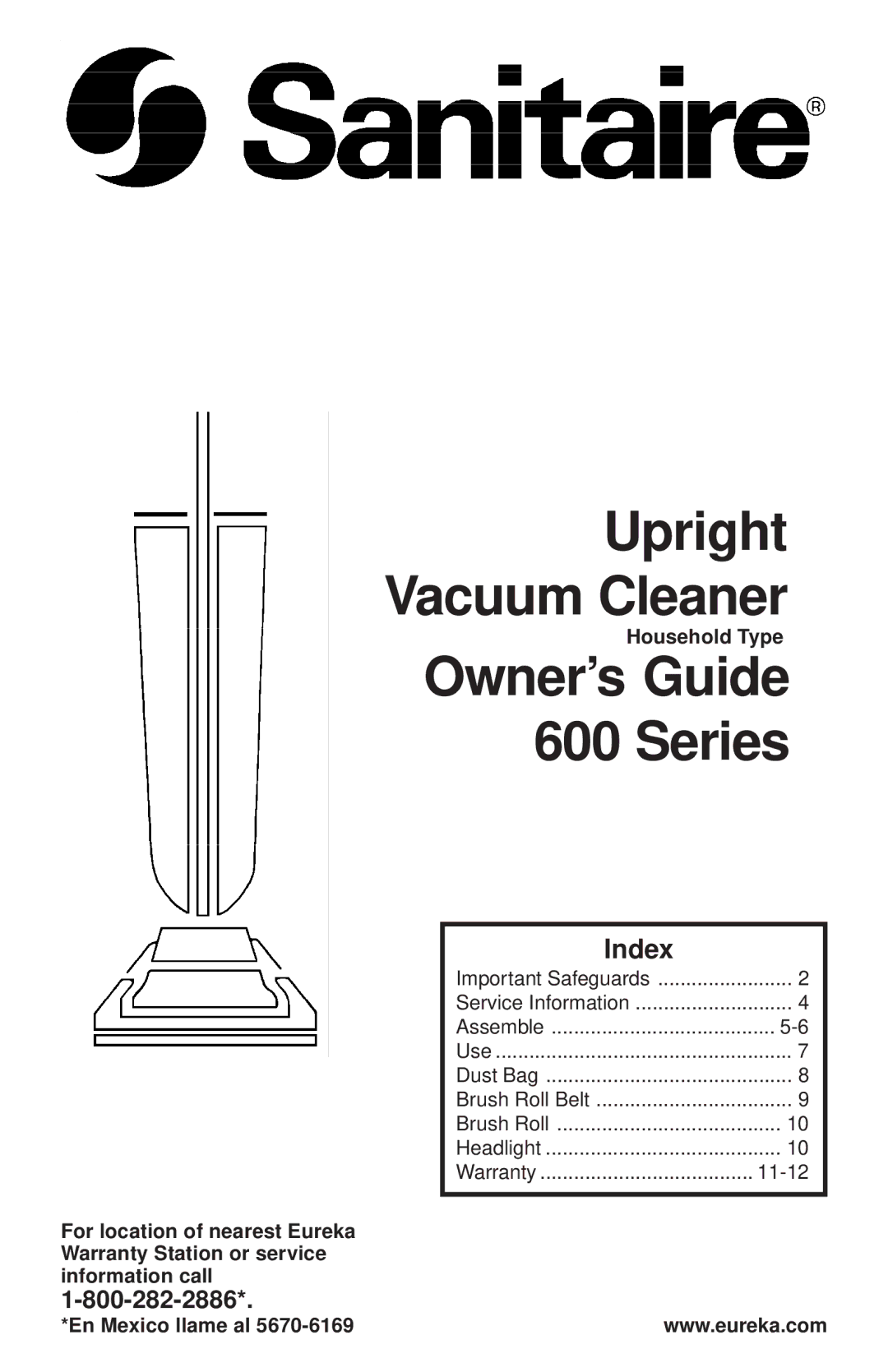 Eureka 600 warranty Owner’s Guide Series, Index 