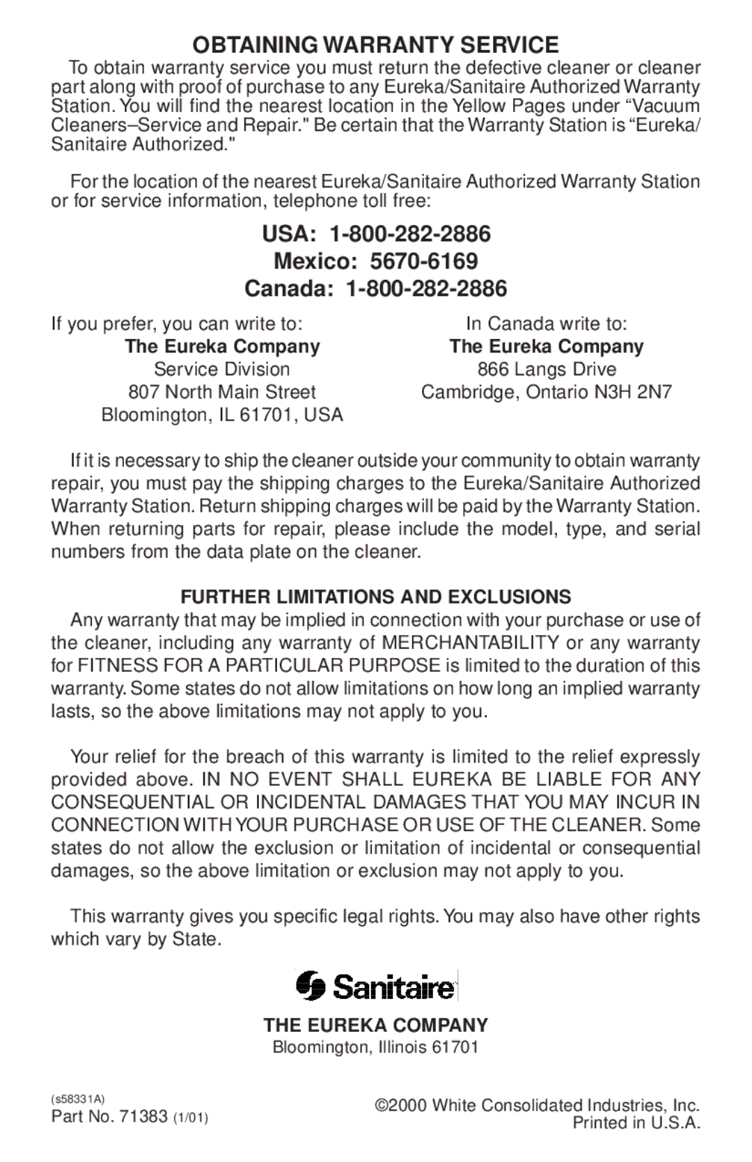 Eureka 600 warranty Obtaining Warranty Service, USA Mexico Canada, Further Limitations and Exclusions, Eureka Company 