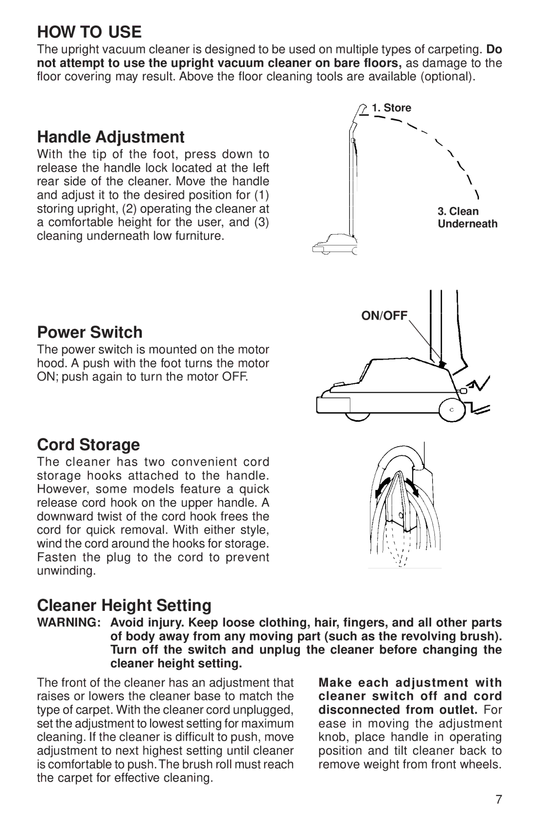 Eureka 600 warranty HOW to USE, Handle Adjustment, Power Switch, Cleaner Height Setting 