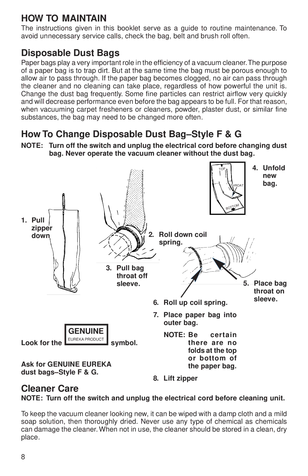 Eureka 600 HOW to Maintain, Disposable Dust Bags, How To Change Disposable Dust Bag-Style F & G, Cleaner Care, Genuine 