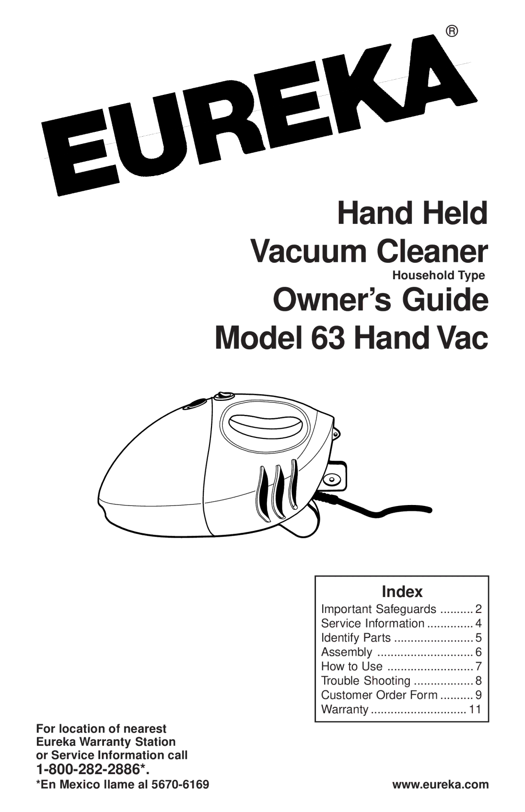 Eureka warranty Owner’s Guide Model 63 Hand Vac, Index 