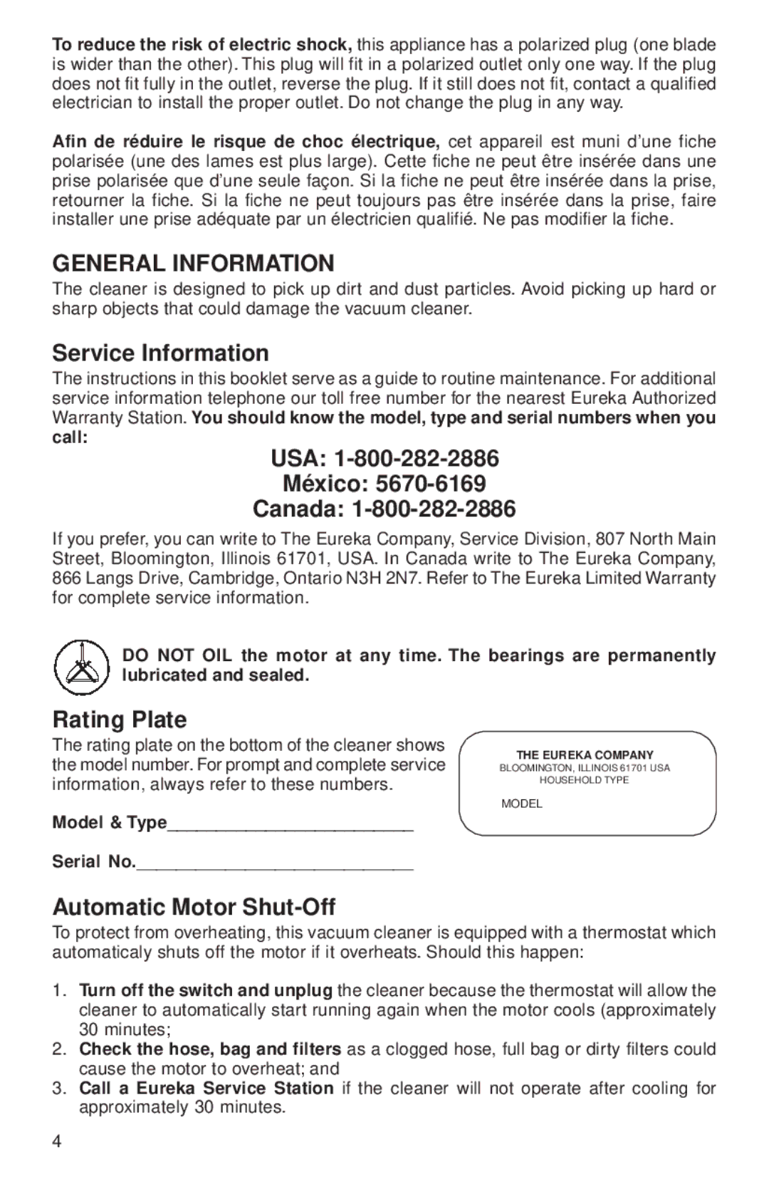 Eureka 63 warranty Service Information, USA México Canada, Rating Plate, Automatic Motor Shut-Off 