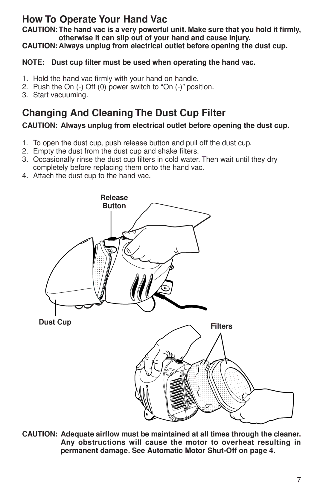 Eureka 63 warranty How To Operate Your Hand Vac, Changing And Cleaning The Dust Cup Filter 