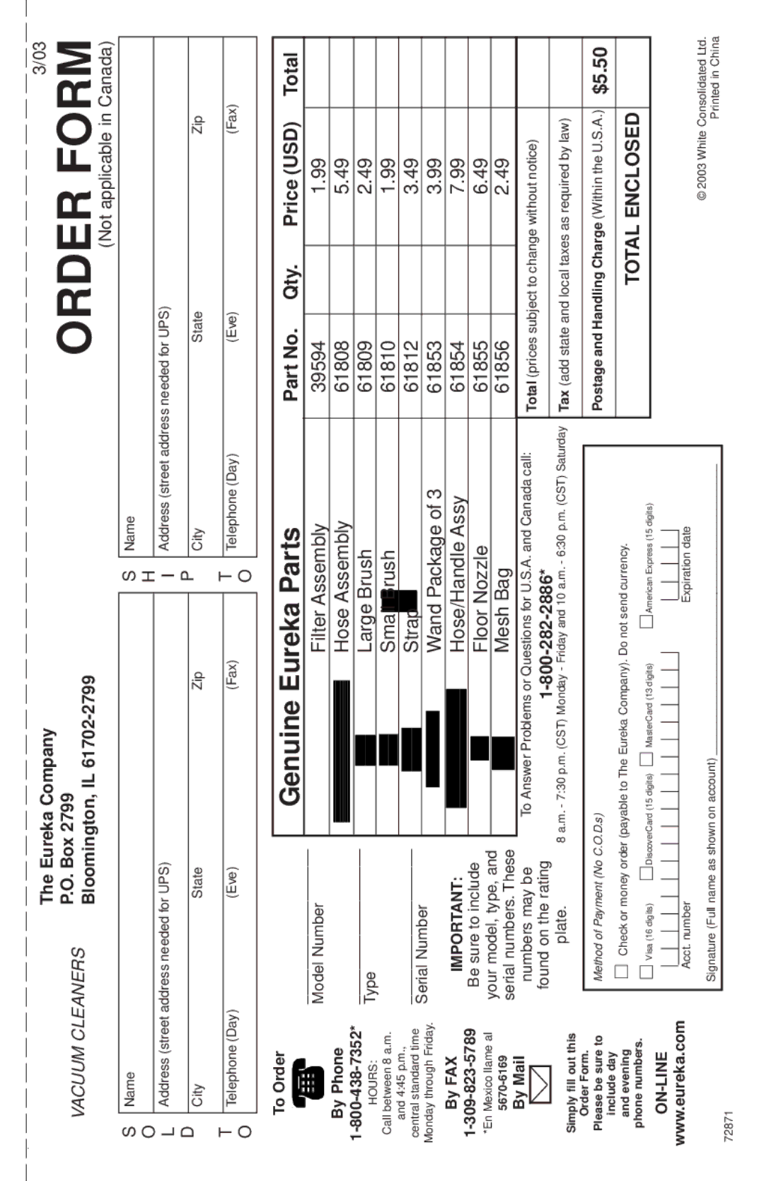 Eureka 63 warranty Order Form 