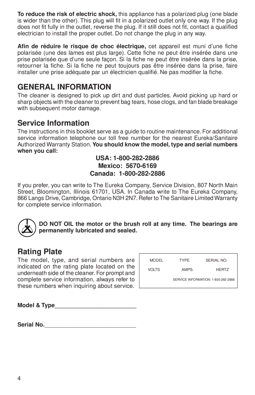 Eureka 670 warranty General Information, Service Information, Rating Plate 