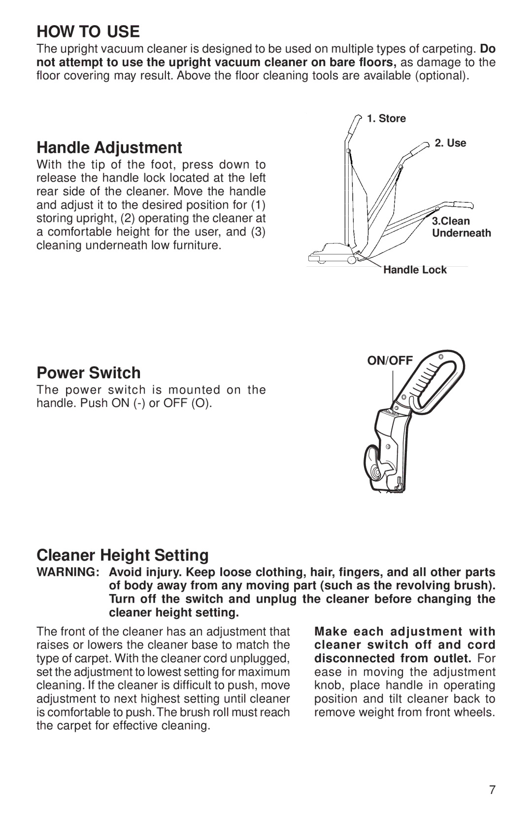 Eureka 670 warranty HOW to USE, Handle Adjustment, Power Switch, Cleaner Height Setting 