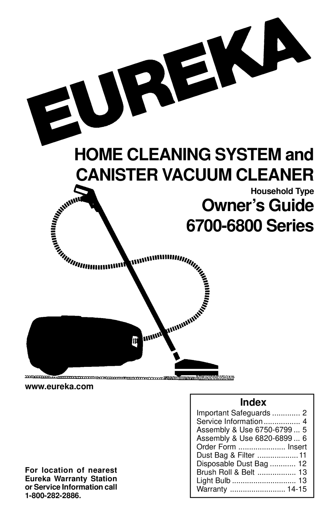 Eureka 6800, 6700 warranty Canister Vacuum Cleaner, Index 