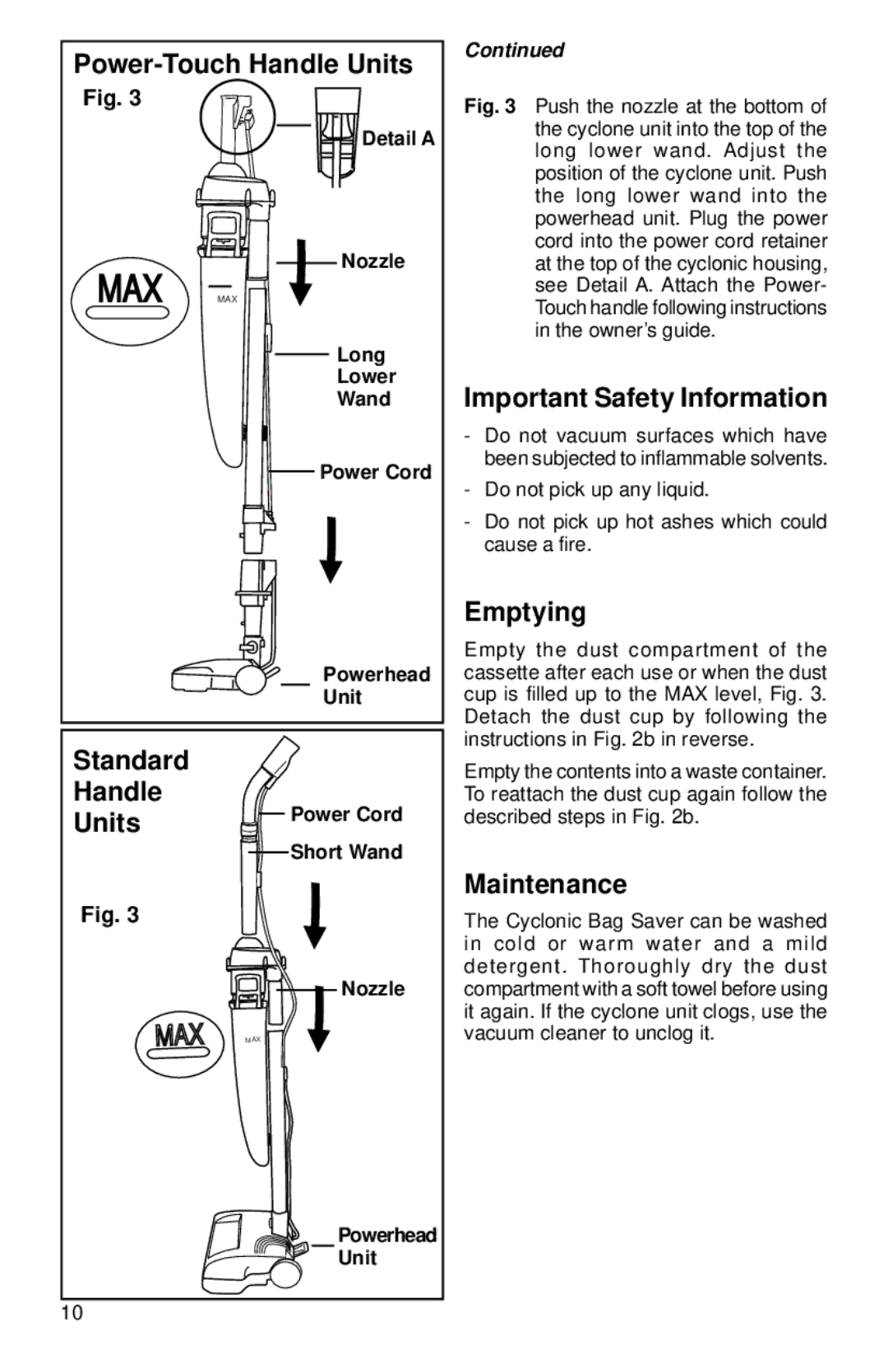 Eureka 6700, 6800 Power-Touch Handle Units, Standard Handle Units, Important Safety Information, Emptying, Maintenance 