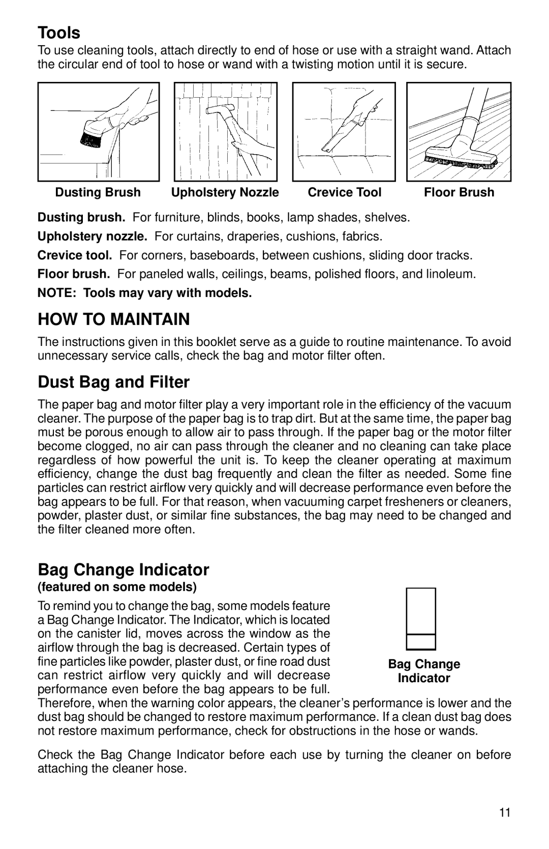 Eureka 6800, 6700 warranty Tools, HOW to Maintain, Dust Bag and Filter, Bag Change Indicator 