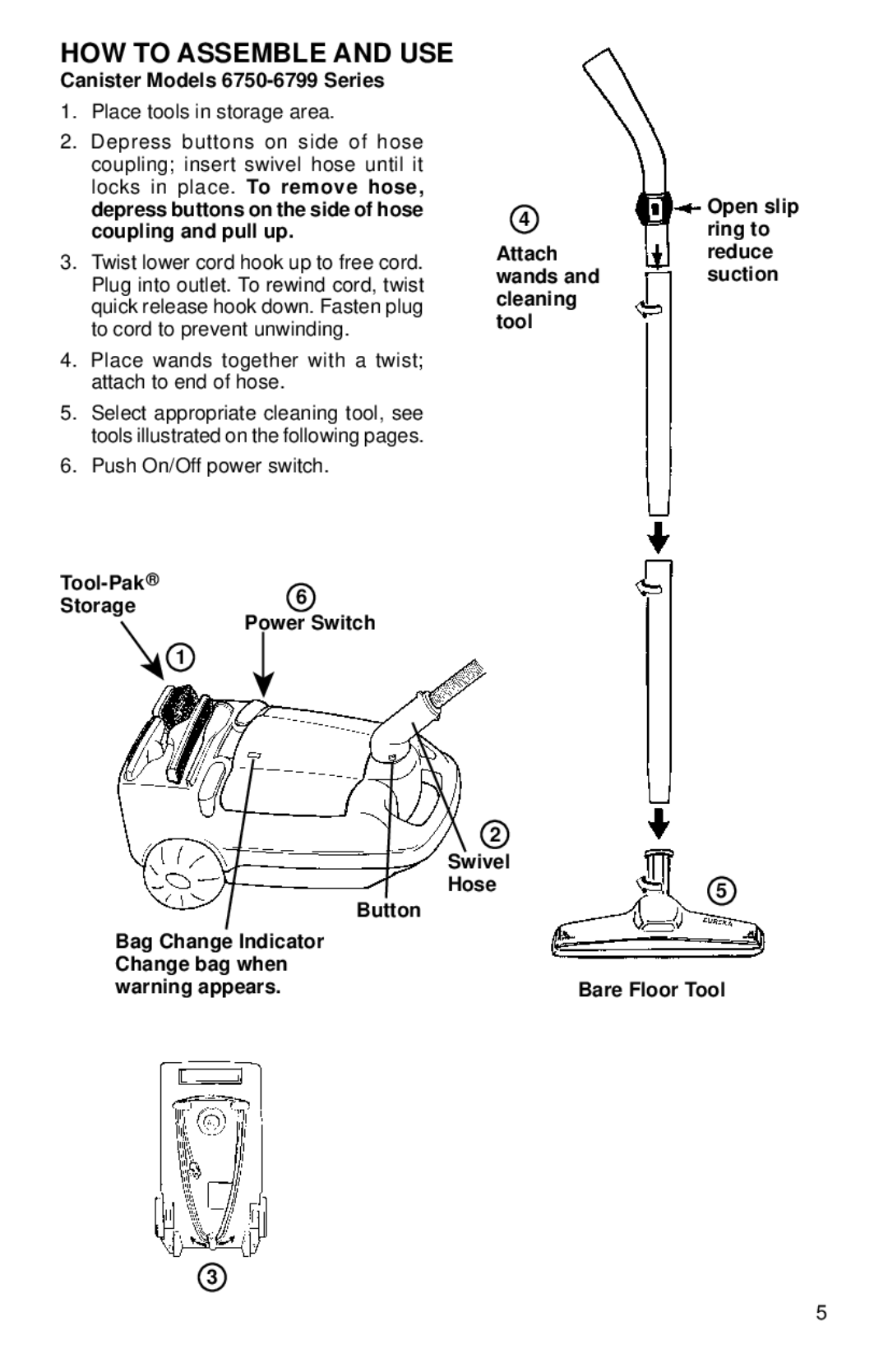 Eureka 6800, 6700 warranty HOW to Assemble and USE, Canister Models 6750-6799 Series, Open slip, Ring to 