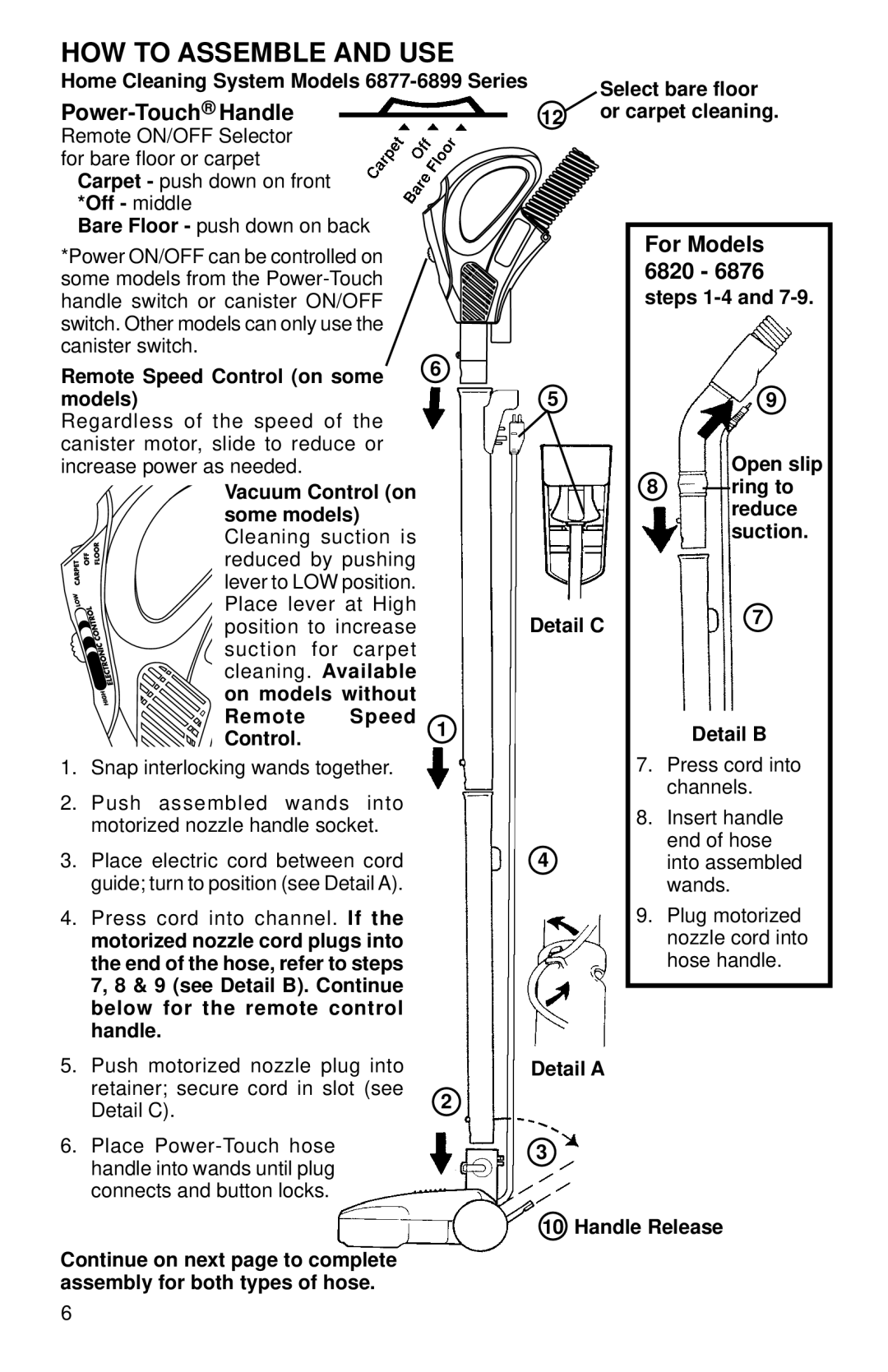 Eureka 6700 Home Cleaning System Models 6877-6899 Series, Remote Speed Control on some Models, Detail a Handle Release 