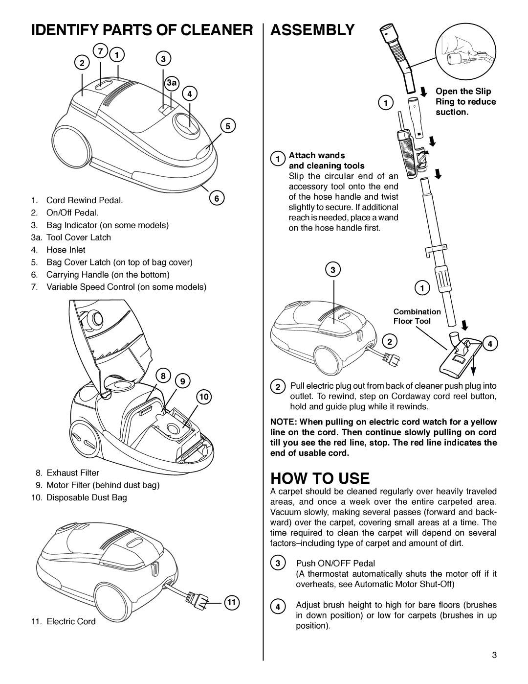 Eureka 6820 warranty Identify Parts of Cleaner, Assembly, HOW to USE 