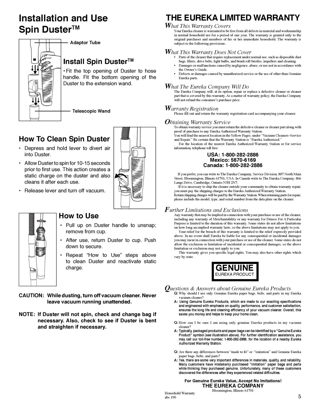 Eureka 6820 warranty Installation and Use Spin DusterTM, USA Mexico Canada 