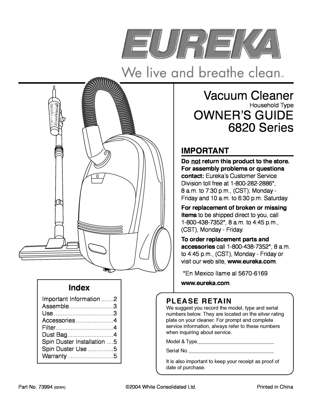 Eureka warranty Index, Please Retain, Vacuum Cleaner, OWNERʼS GUIDE 6820 Series 