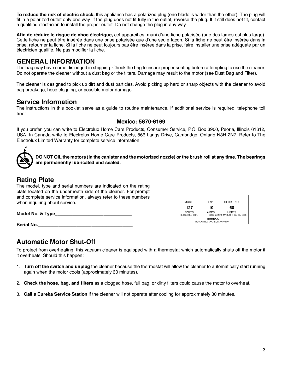 Eureka 6850 SERIES warranty General Information, Service Information, Rating Plate, Automatic Motor Shut-Off, Mexico 
