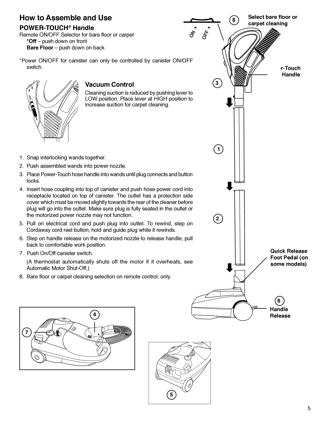 Eureka 6850 SERIES warranty How to Assemble and Use, POWER-TOUCHHandle, Vacuum Control 