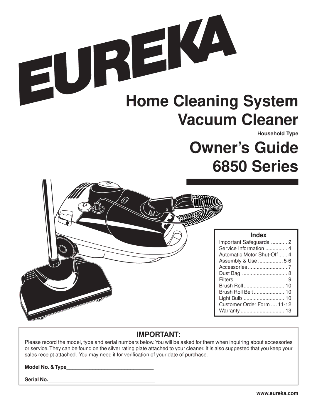 Eureka 6850 warranty Owner’s Guide Series, Index 