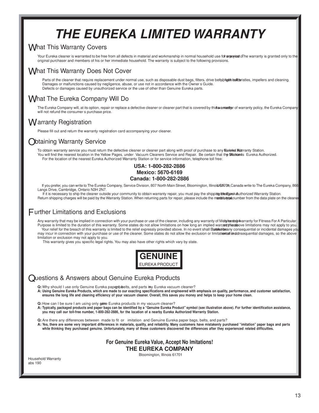 Eureka 6850 warranty Eureka Limited Warranty 