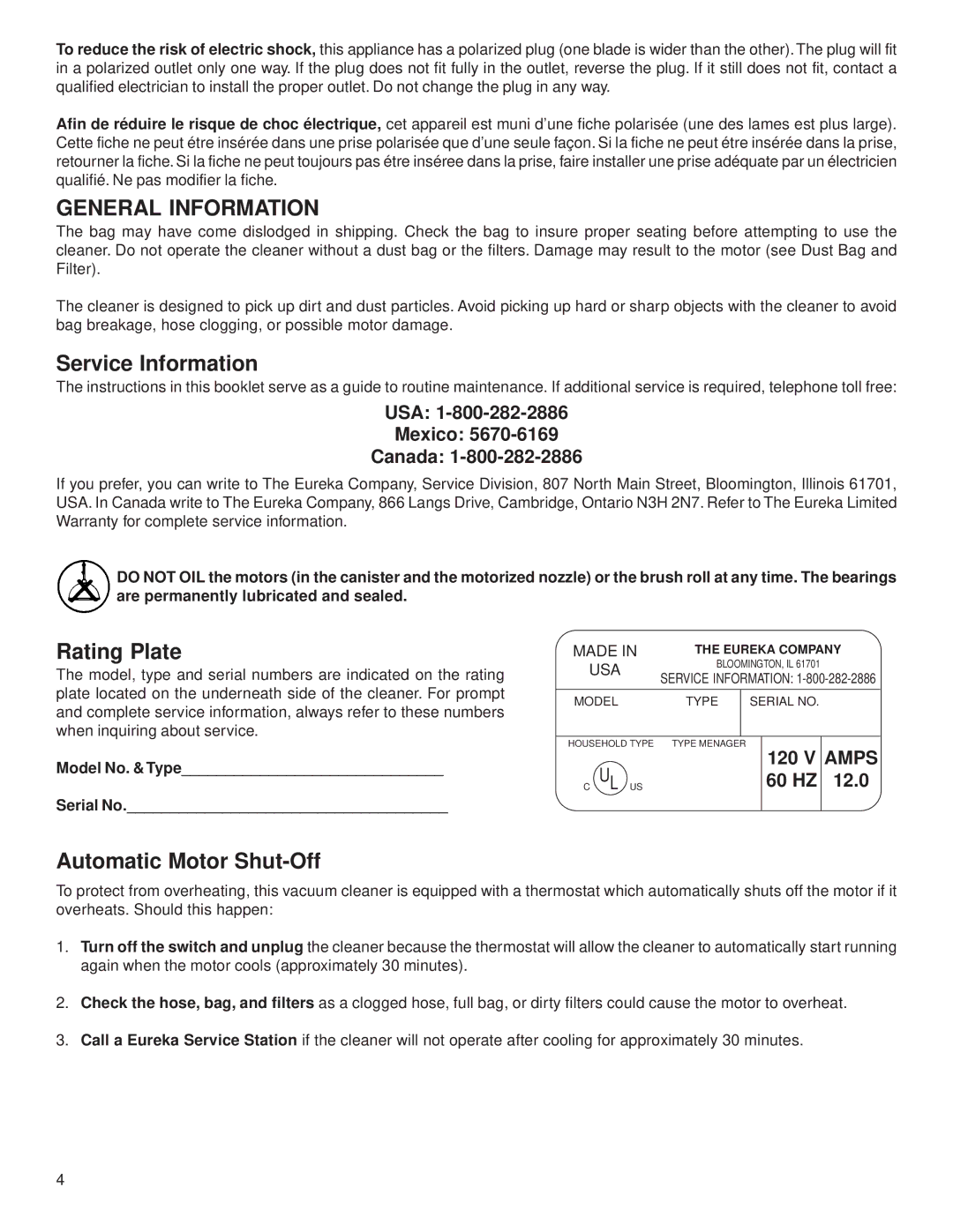 Eureka 6850 warranty Service Information, Rating Plate, Automatic Motor Shut-Off 