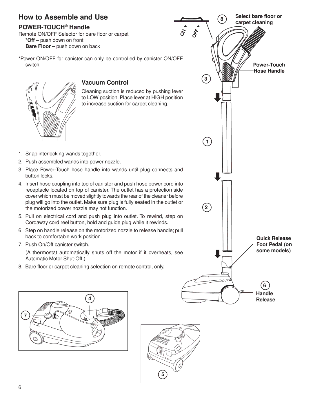 Eureka 6850 warranty How to Assemble and Use, POWER-TOUCHHandle, Vacuum Control 