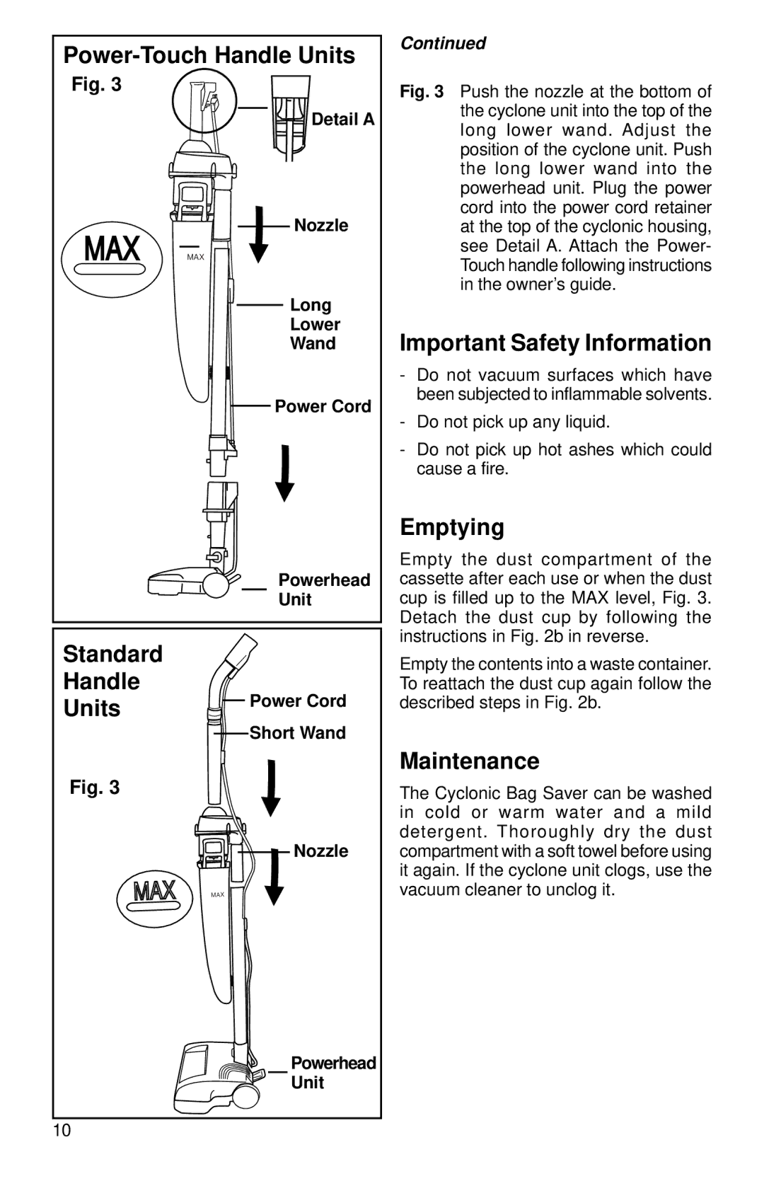 Eureka 6750, 6899 Power-Touch Handle Units, Standard Handle Units, Important Safety Information, Emptying, Maintenance 